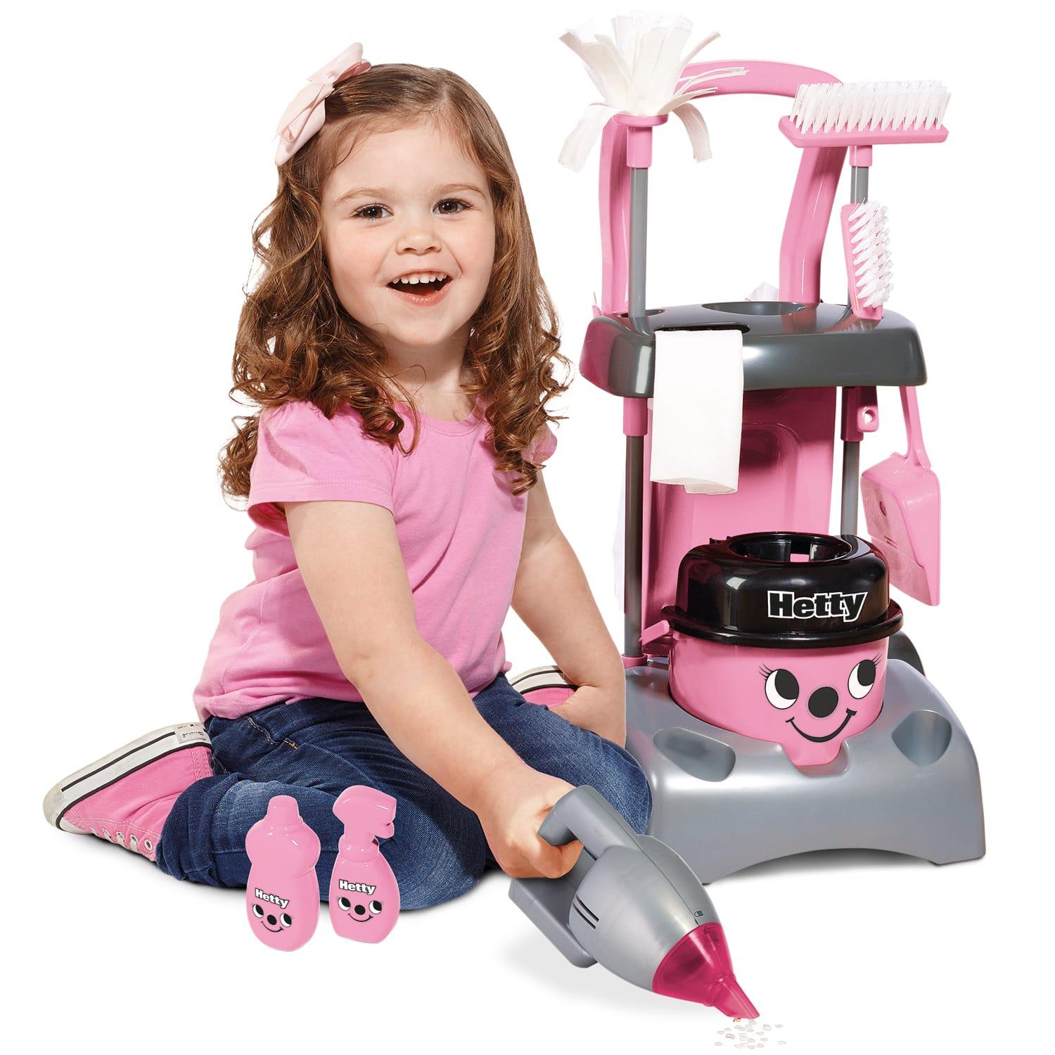 Pre School Kids Hetty Deluxe Cleaning Trolley Vacuum Cleaner Hoover Set New Pink 